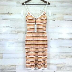 Olive + Oak Crochet Knit Dress Size M Tan Combo Striped Spaghetti Strap Boho NEW